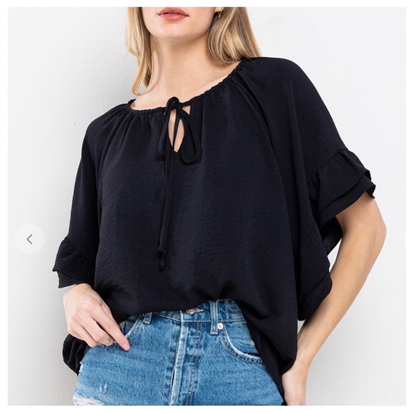 11 Boho Solid Key Hole Tie Flared Top - Picture 5 of 5